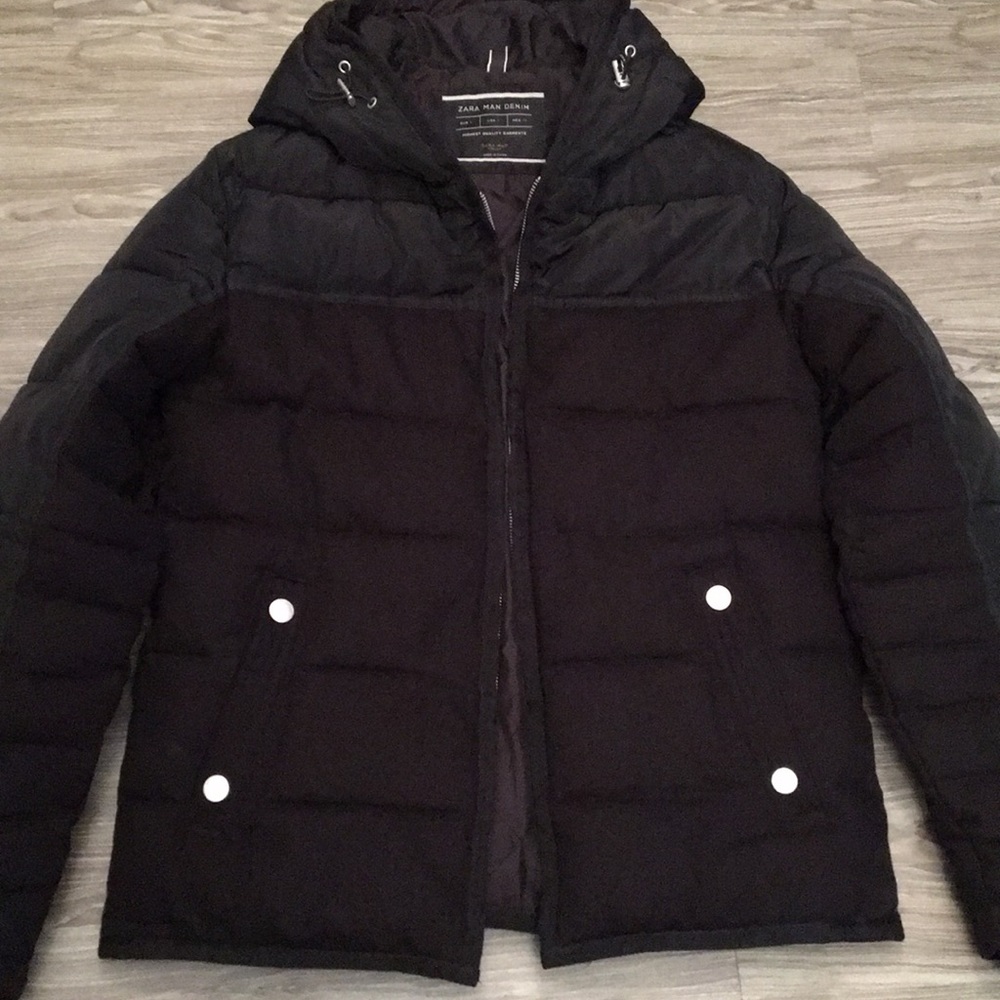 Zara man puffer hooded jacket Sz S full zip black - Picture 2 of 8
